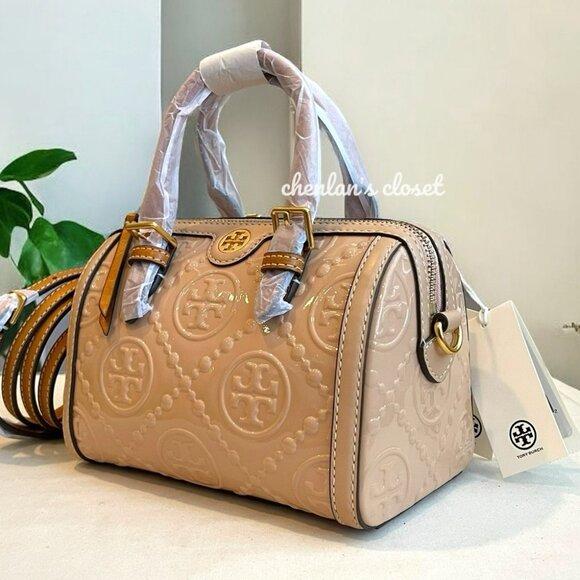 🔥NeW! Tory Burch T MONOGRAM PATENT EMBOSSED PETITE BARREL BAG - Picture 2 of 11